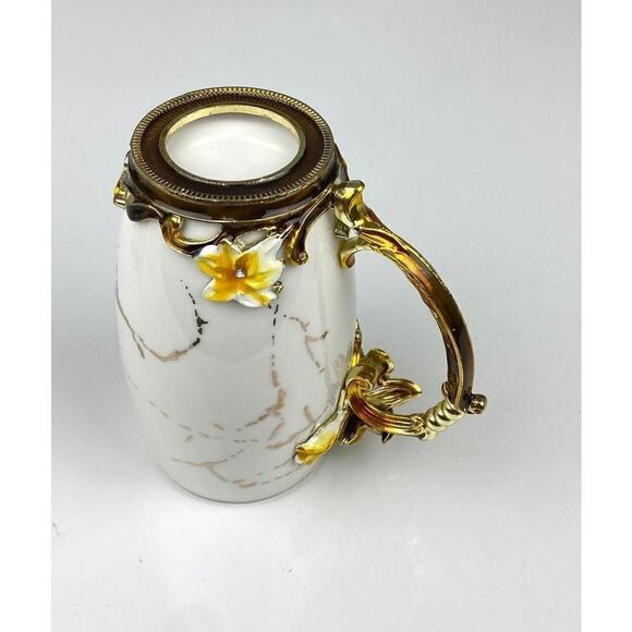 BTaT Brew To A Tea Fancy Ceramic Coffee Tea Mug w/ Spoon Floral White Yellow Gol - Picture 6 of 8